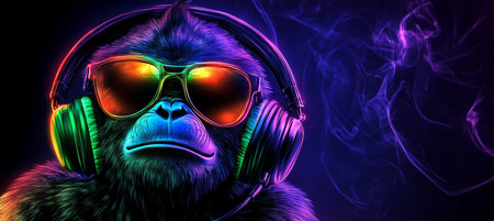 Cool Neon Monkey with Headphones and Sunglasses A Vibrant Illustration on a Dark Backgroundの素材