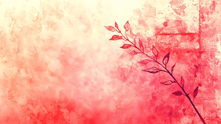 Minimalist Botanical Design on a Soft, Light Coral Watercolor Wash Background, Artistic Templateの素材