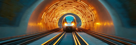 Futuristic Tunnel With Luminous Blue And Orange Neon Glowing Perspective In Violet Shades Photoの素材