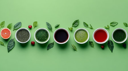 Bowls of Colorful Healthy Smoothies and Ingredients on Green Background Health Food Conceptの素材