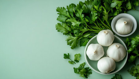 Fresh Garlic Bulbs and Parsley on Green Background, Healthy Food Ingredients and Concept, Close-upの素材