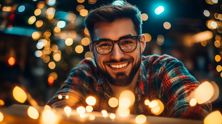 Handsome Young Man Smiling Among Festive Christmas Lights, Holiday Spirit and Celebrationの素材