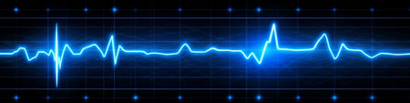 Glowing Blue EKG Heartbeat Graph On Dark Background, Minimalist Design, Electrocardiogramの素材