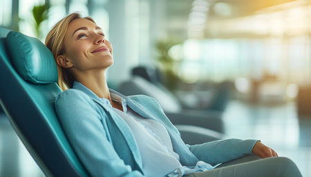 Serene Businesswoman in Modern Office Enjoying Moment of Tranquility, Natural Light, Clean Linesの素材
