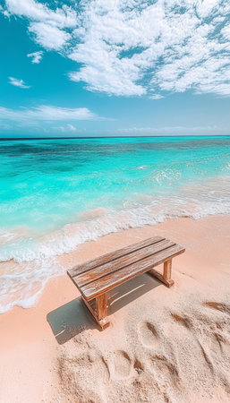 Wooden Bench Inviting Relaxation on a Serene Tropical Beach with Turquoise Water and Sky Viewsの素材