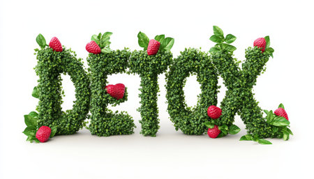 Vibrant quot DETOX quot Word Arrangement Made of Lush Green Foliage on White Backgroundの素材