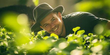 Smiling Young Farmer In Hat Examining Plants In Sunny Garden. Agriculture, Farming Concept.の素材