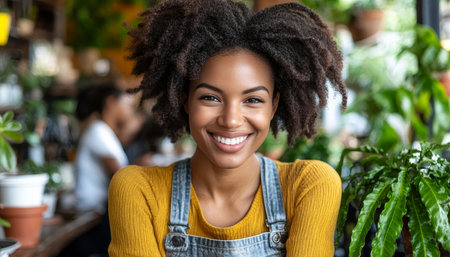 Beautiful Young Woman with Bright Smile, Green Plants Background, Fresh and Natural Settingの素材