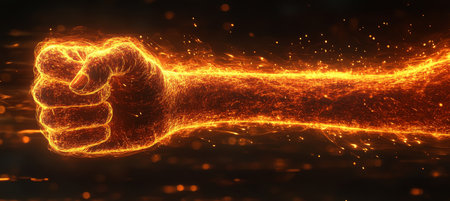 Fiery Fist Abstract Energy Force, Power, and Determination in Action with a Burning Backgroundの素材