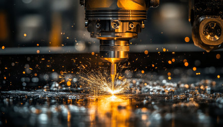 CNC Milling Machine in Action, Precision Cutting Metal with Sparks, Industrial Manufacturing Processの素材