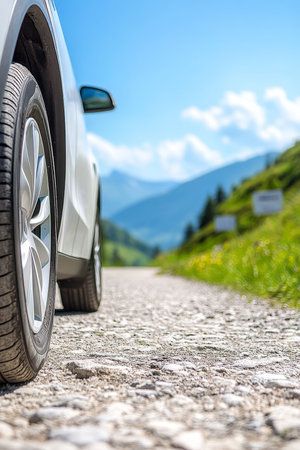 Modern Electric Car on Gravel Road, Scenic Mountain View With Soft Focus Signage, Copy Spaceの素材