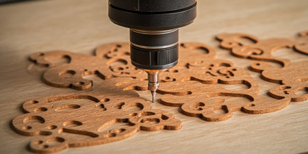 CNC Router Carving Detailed Ornament from Plywood, Precision Woodworking and Manufacturing Processの素材
