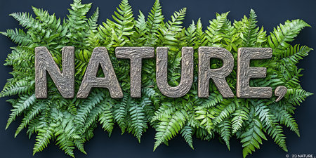 Green Lush Nature Text Decorated With Vibrant Ferns Houseplant Indoor Black Wall Backgroundの素材