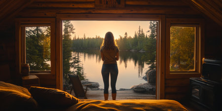 Golden Hour Serenity Lone Woman Enjoys a Tranquil Lake View from Cozy Lakeside Cabinの素材