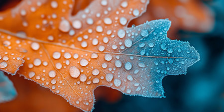 Frosted Oak Leaves - A macro view of orange and blue autumn colors showcasing delicate ice crystals.の素材