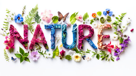 Word NATURE Made of Colorful Flowers, Leaves, and Petals on White Background, Top Viewの素材