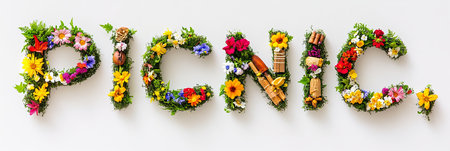 Vibrant Flower Arrangement Composing The Word PICNIC . Healthy Diet On White Seamless...の素材
