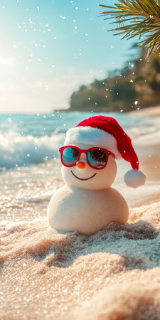 Sandy Snowman Wearing a Santa Hat and Sunglasses, Relaxing on the Beach during a Christmas Vacationの素材