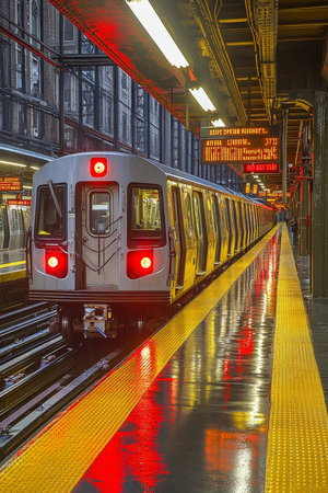 Subway Platform at Night, Train Waiting with Glowing Lights, Long Exposure, Urban Sceneの素材