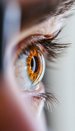 Close-up Eye Examination Vibrant Eye Reflecting Light, Detailed Iris, and Natural Skin Tonesの素材