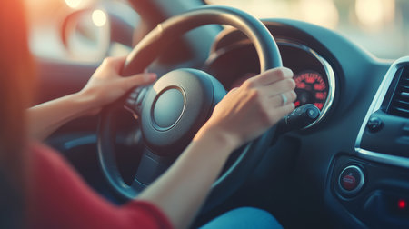 Woman s Hands Holding Steering Wheel, Close-Up View, Driving and Transportation Conceptの素材