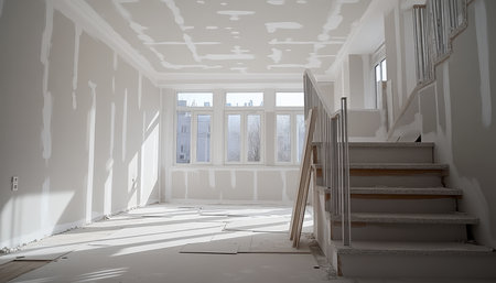 Renovation Progress, Installing Plasterboard on Walls in a Spacious Apartment with Sunlightの素材