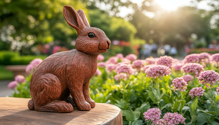 Wooden Rabbit Statue Adorns Tabletop Amidst Vibrant Flowers, Celebrating Springtime s Arrivalの素材