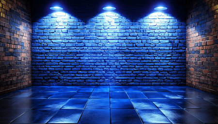 Illuminated Empty Urban Room With Blue Stage Spotlights On Old Brick Wall And Wet Tiled Floorの素材