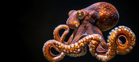 Close-Up Portrait Majestic Octopus Intricate Details, Vibrant Orange Tentacles, Dark Backgroundの素材
