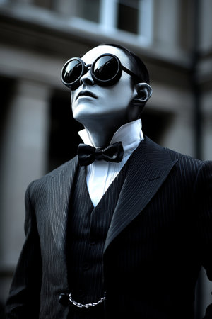 Timeless Elegance Portrait of a Stylish Gentleman in a Black and White Suit with Welding Goggles.の素材