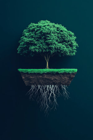 Single Green Tree With Digital Neuron Roots Against A Dark Background, Growth, Connection, Natureの素材