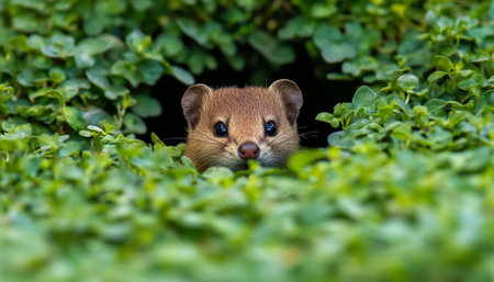 Close-up Curiosity Small Field Mouse Peers From Lush Green Foliage, Backyard Wildlife Encounterの素材