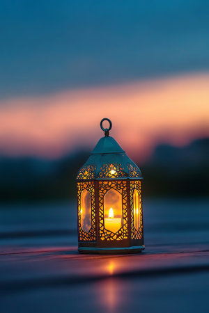 Decorative Arabic Lantern with Candle Light Illuminates the Sunset, Ramadan Kareem Background,の素材