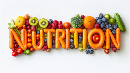 Word Nutrition Made From Fresh Fruits And Vegetables On White Background. Healthy Food Conceptの素材