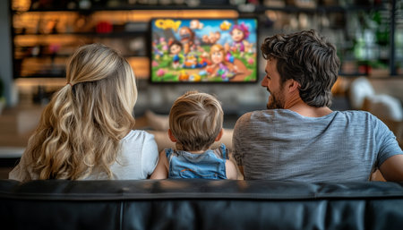 Family of three enjoys a relaxing afternoon watching animation movie on TV in a cozy living roomの素材