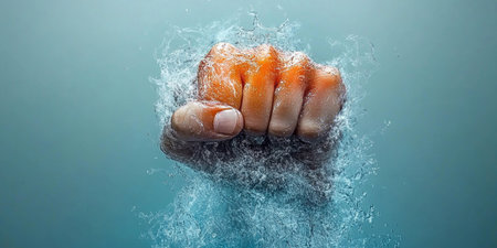 Fist of Water Splash A symbol of strength, power, and determination against a blue background.の素材