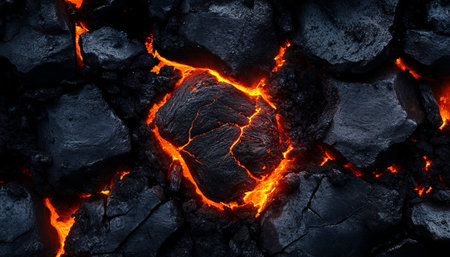 Cracked Earth, Molten Core Glowing Orange Lava Veins Through Dark Volcanic Rock, Detailed Textureの素材