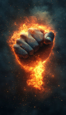 Fiery Fist of Power A Symbol of Strength, Determination, and Will Power in the Face of Adversityの素材