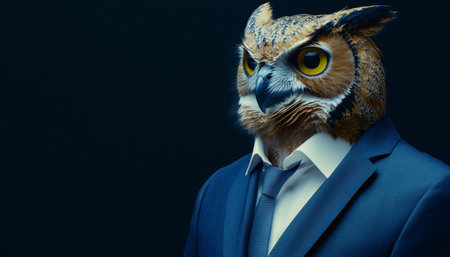 Owl in Suit on Dark Background Anthropomorphic Portrait, Animal Human Hybrid Conceptの素材