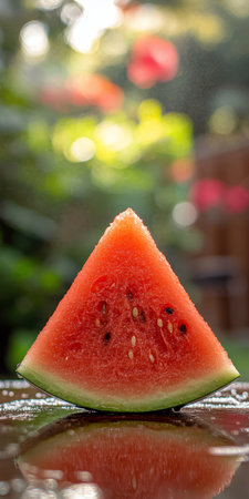 Juicy Watermelon Slice, a Refreshing Summer Treat Set Against a Lush Green Backgroundの素材