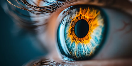 Close-Up of a Human Eye Highlighting the Intricate Patterns and Vibrant Orange and Blue Tones.の素材