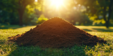 A Small Mound of Rich, Dark Soil Rests on a Lush Green Lawn, Bathed in the Golden Glow of Sunset.の素材