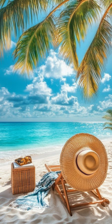 Idyllic Tropical Getaway Beach Chair, Sun Hat, and Cooler Under Palm Trees on White Sandの素材