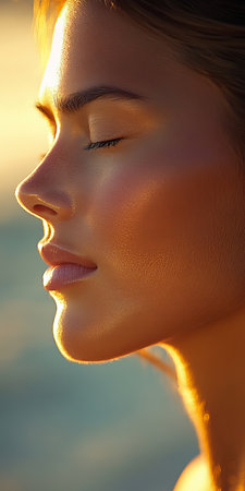 Golden Hour Beauty, Portrait of a Young Woman with Eyes Closed, Bathed in Warm Sunset Lightの素材