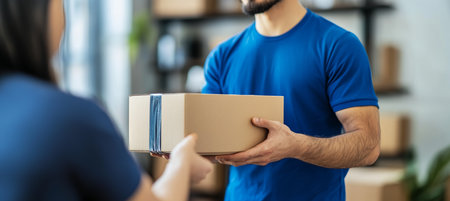 Delivery Person in Blue Uniform Passing a Cardboard Package to Customer, Close Up View.の素材