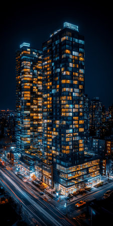 Illuminated Cityscape At Night, Capturing Towering Skyscraper With Glowing Windows And Light Trailsの素材