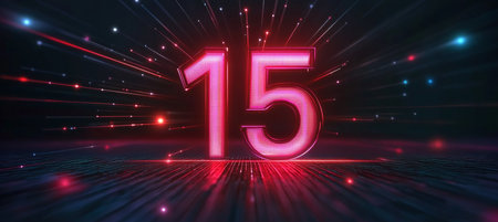 Glowing Neon Pink and Red Number 15 against a Dark Background with Abstract Light Streaks.の素材