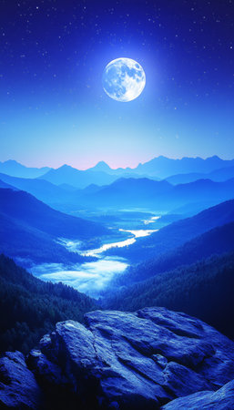 Blue Moon Rising Over Serene Mountain Valley, Illuminated by Lunar Glow with a Starry Nightの素材