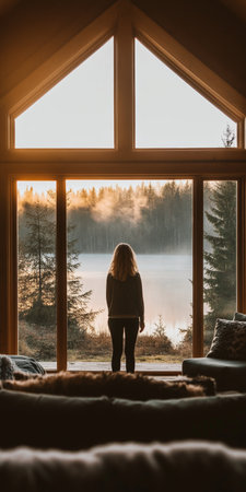 Woman Enjoying Serene Sunrise View, Tranquil Moments, Peaceful Morning in Log Cabin Getawayの素材