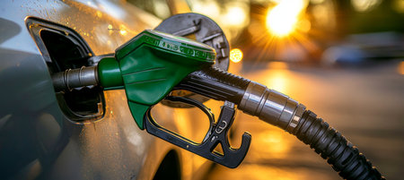 Close-up of a Green Gas Pump Nozzle Refueling a Silver Car Against a Golden Hour Sunburst Backgroundの素材